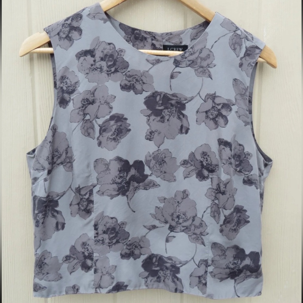 90s Vintage Silk J. Crew Charcoal Floral Fitted Sleeveless Blouse 10/12